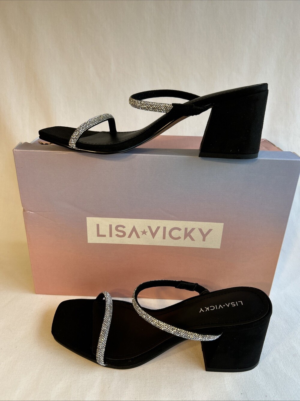 Lisa Vicky Shoes Womens Size 7.5 Silver Rhinestone Black Suede Sandals Mood - V